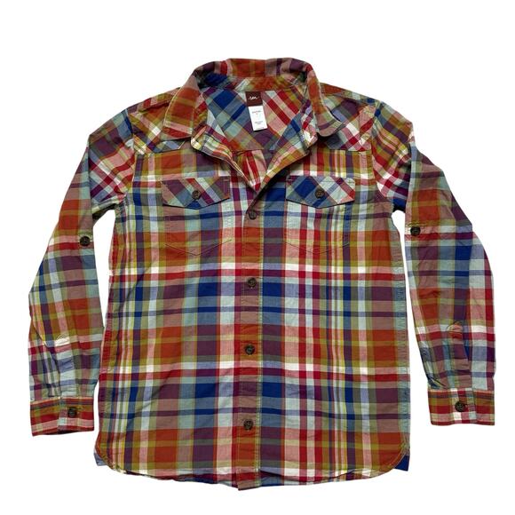 TEA COLLECTION Cotton Plaid Button Up Shirt Size 8 Kid Red Gold Blue Long Sleeve - Picture 1 of 3